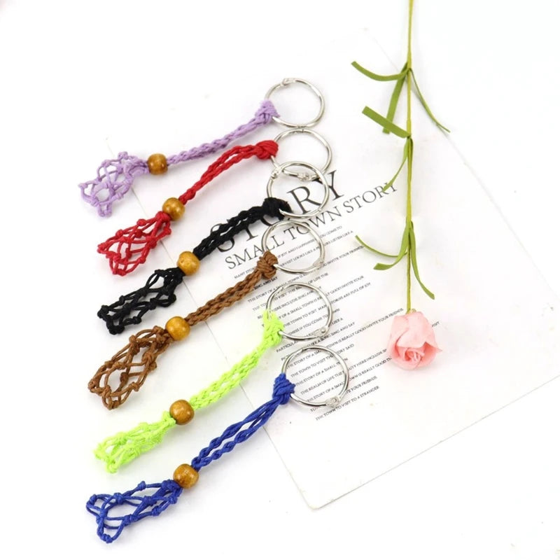 DIY Keychain Unfinished Macrame String Lanyard Keychain Crystal Stone Holder Cage Keyring Unique Jewelry Making Craft