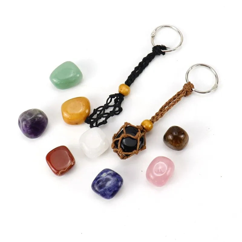 DIY Keychain Unfinished Macrame String Lanyard Keychain Crystal Stone Holder Cage Keyring Unique Jewelry Making Craft